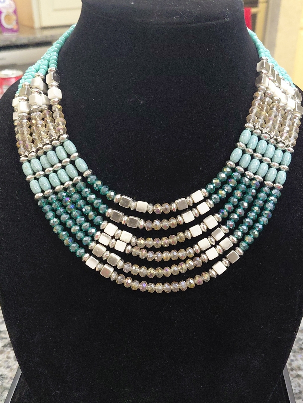 Multistrand Turquoise and Iridescent Beaded Statement Necklace, 17in Long.....